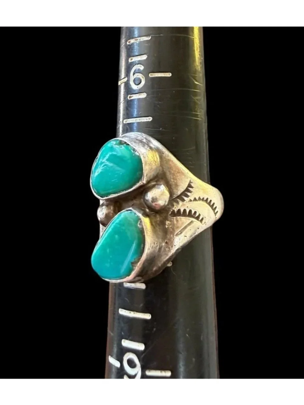 Kenneth Etsitty Navajo Sterling Silver Green Turquoise Ring Two Stone Etched